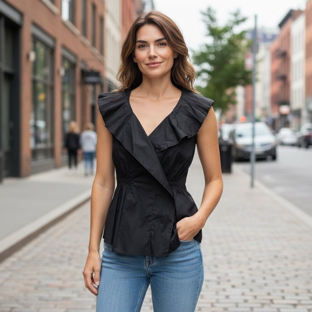 NWT Twenty One Sleeveless Ruffled V-Neck Faux Wrap Top Sz S Black 167A